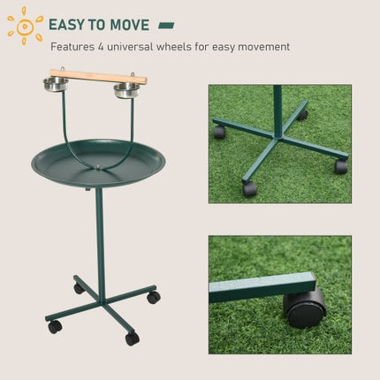 Cageless Bird Feeder Station, Rolling Perch With Four Wheels, Stainless Steel Feeding Bowls, Round Tray, Green