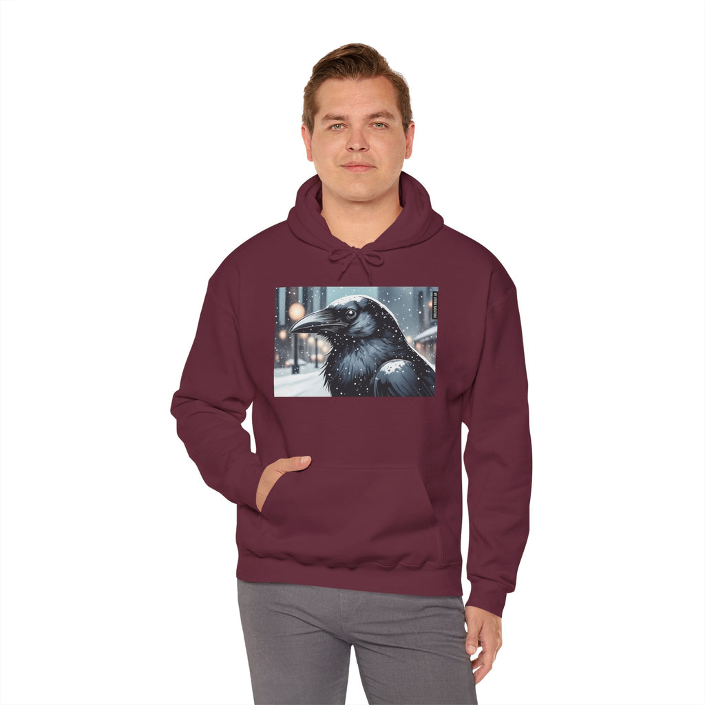 Urban Crow In Falling Snow Hoodie — Comfy Winter Graphic Hoodie