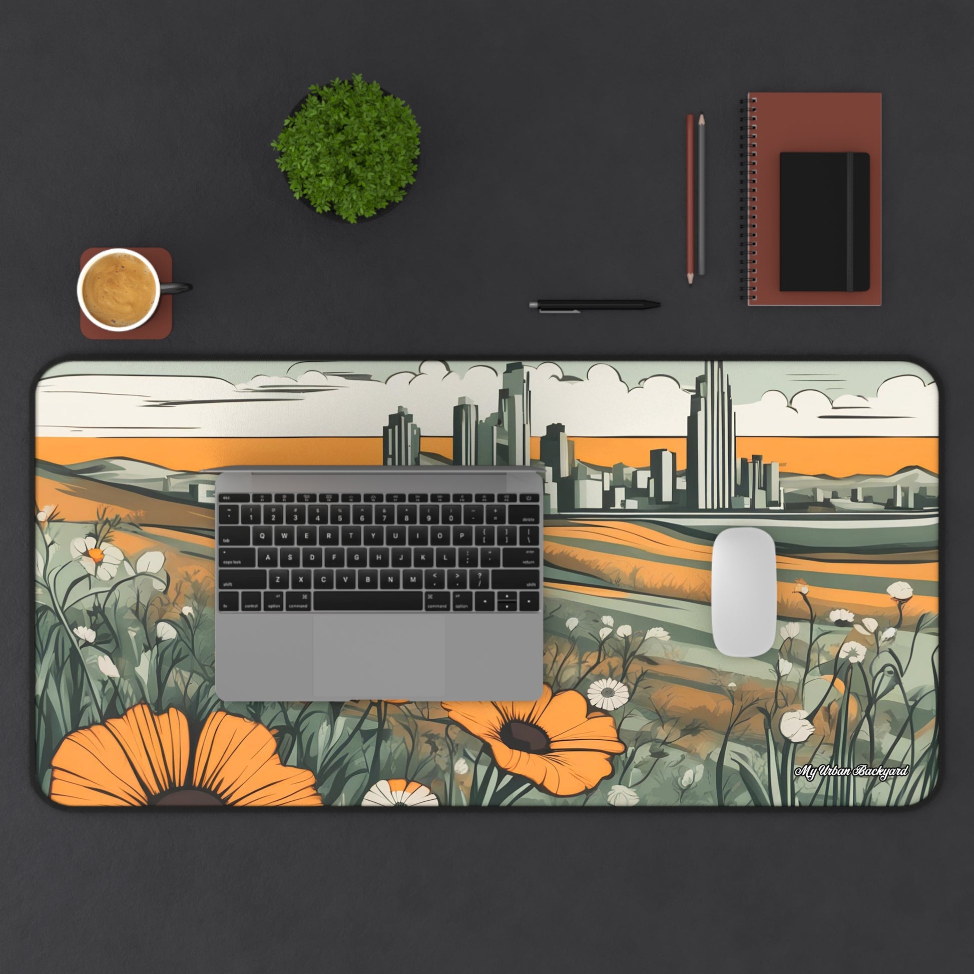Cityscape Floral Desk Mat | Desktop Protector, Home Office Decor, Gift for Nature Lovers, Stylish Mousepad