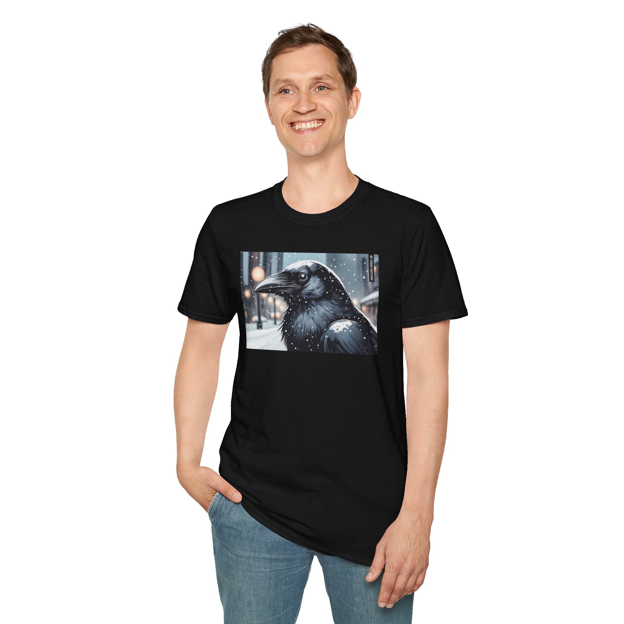 Urban Crow In Falling Snow T-Shirt — Winter Crow Graphic Tee