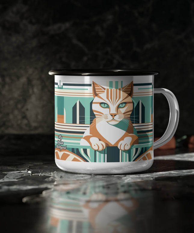 Art Deco Tabby, Enamel Camping Mug for Coffee, Tea, Cocoa, or Cereal - 12oz