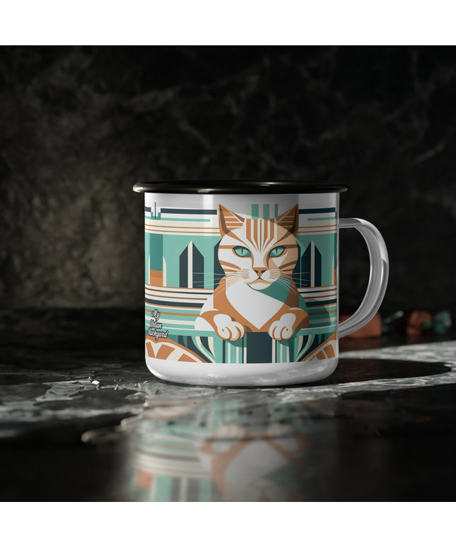 Art Deco Tabby, Enamel Camping Mug for Coffee, Tea, Cocoa, or Cereal - 12oz