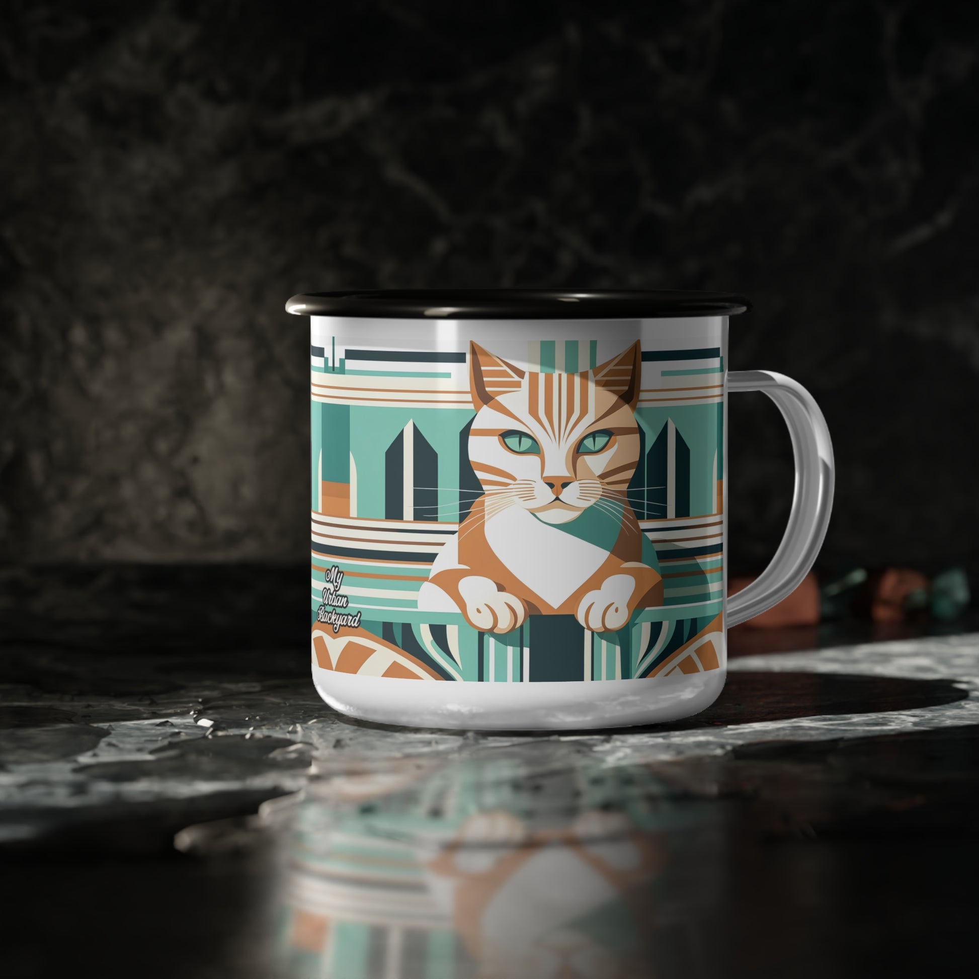 Art Deco Tabby Cat, Enamel Camping Mug for Coffee, Tea, Cocoa, or Cereal - 12oz