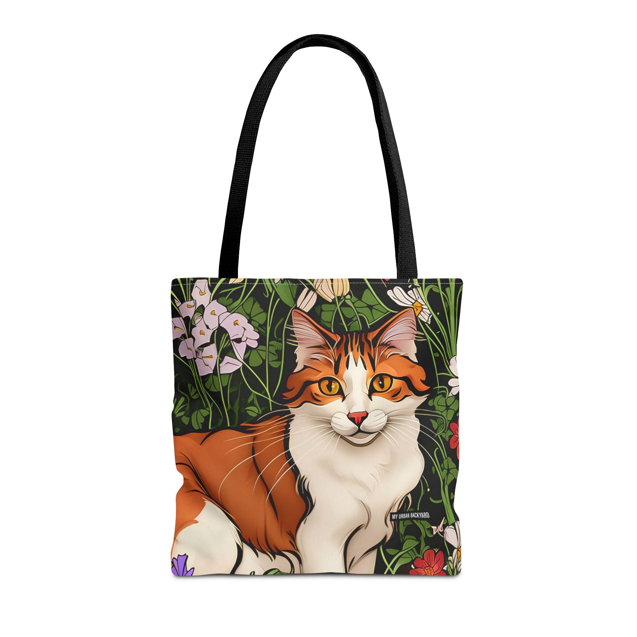 Orange Cat with Flowers, Tote Bag w Cotton Handles