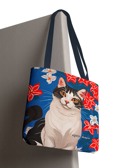 Cat and Red White & Blue Flowers Tote Bag with Cotton Handles For Everyday Use, 3 Sizes