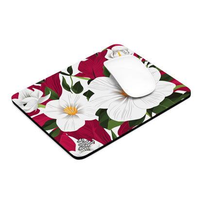 Computer Mouse Pad with Non-slip rubber bottom for Home or Office - White Flowers on Red