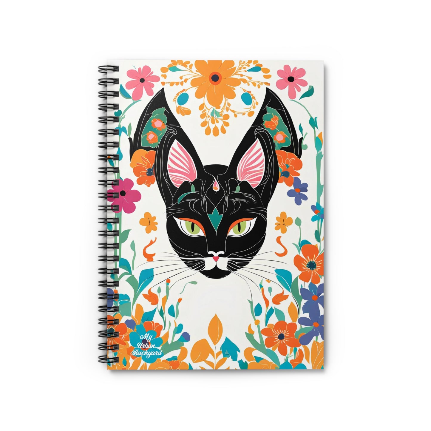 Black Cat with Green Eyes & Flowers, Spiral Notebook Journal - Write in Style