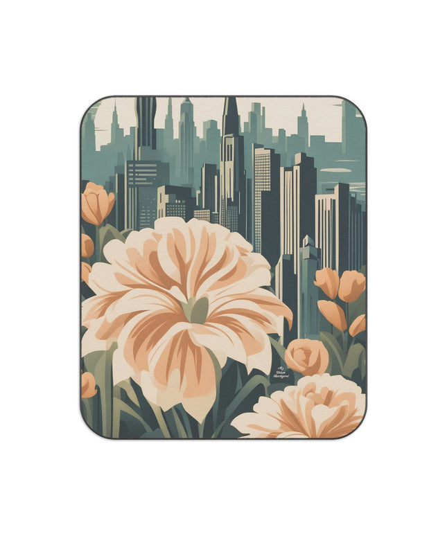 Flowers and a City, Outdoor Picnic Blanket with Soft Fleece Top, Water-Resistant Bottom, 51" × 61"