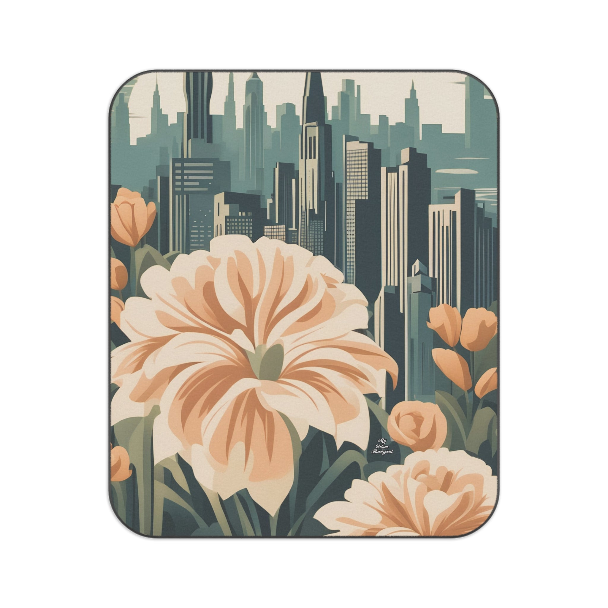 Flowers and a City, Outdoor Picnic Blanket with Soft Fleece Top, Water-Resistant Bottom, 51" × 61"