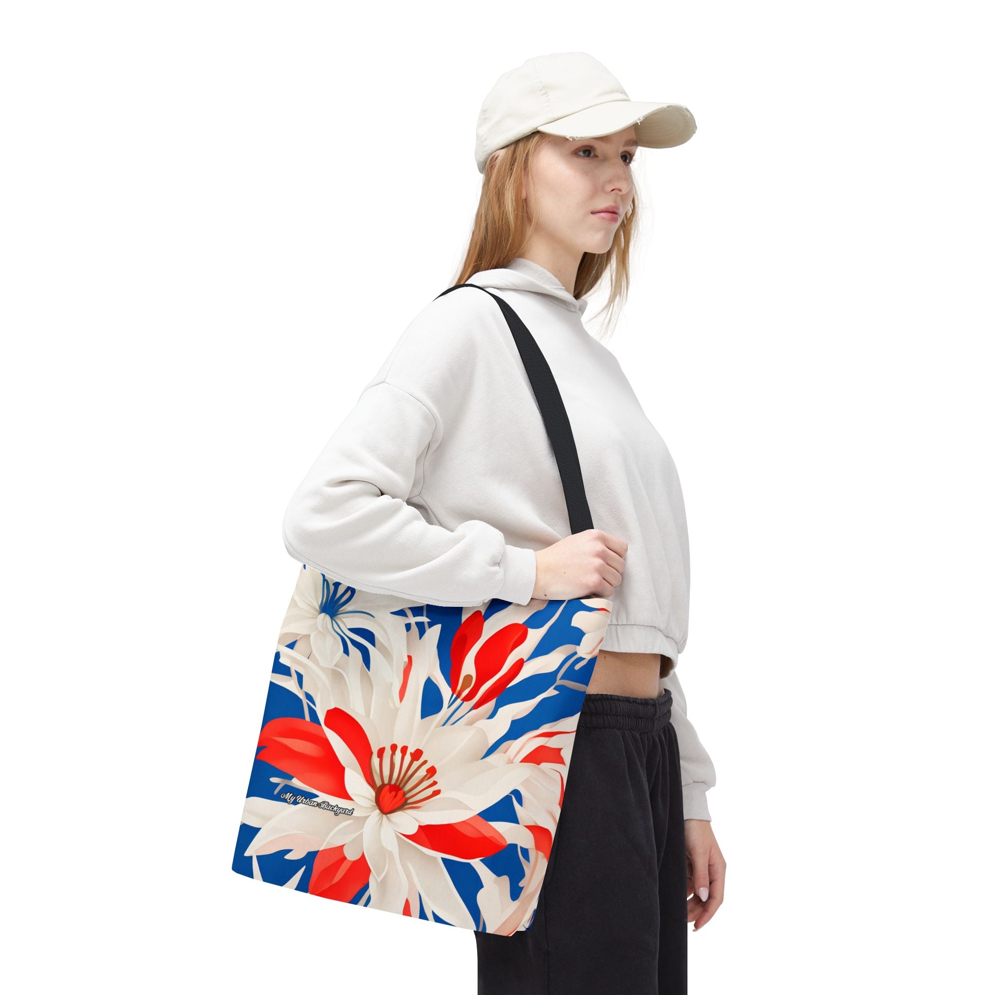 Red White & Blue Flowers Tote Bag with Cotton Handles For Everyday Use, 3 Sizes