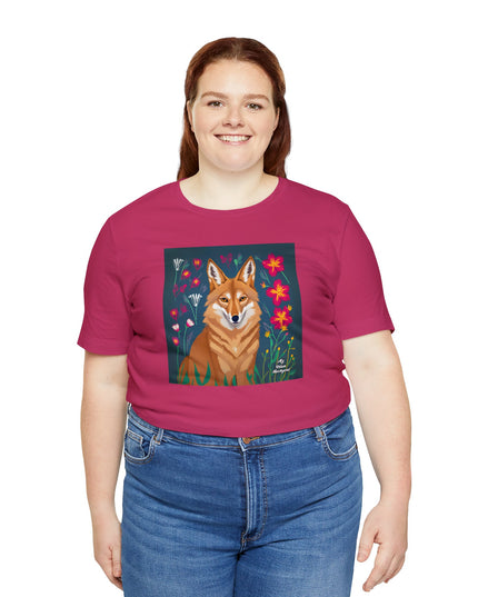 Coyote w Red Flowers, Soft 100% Jersey Cotton T-Shirt, Unisex, Short Sleeve, Retail Fit