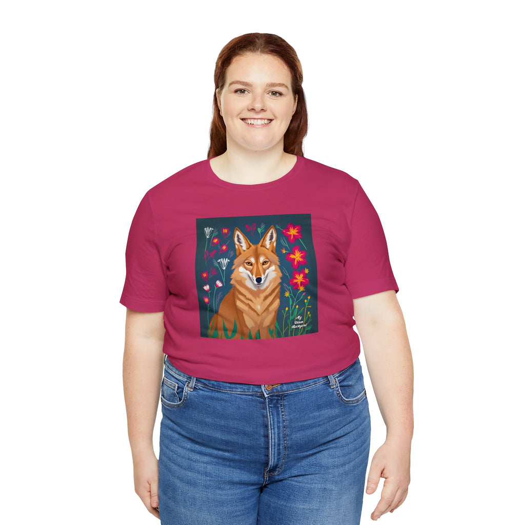 Coyote w Red Flowers, Soft 100% Jersey Cotton T-Shirt, Unisex, Short Sleeve, Retail Fit