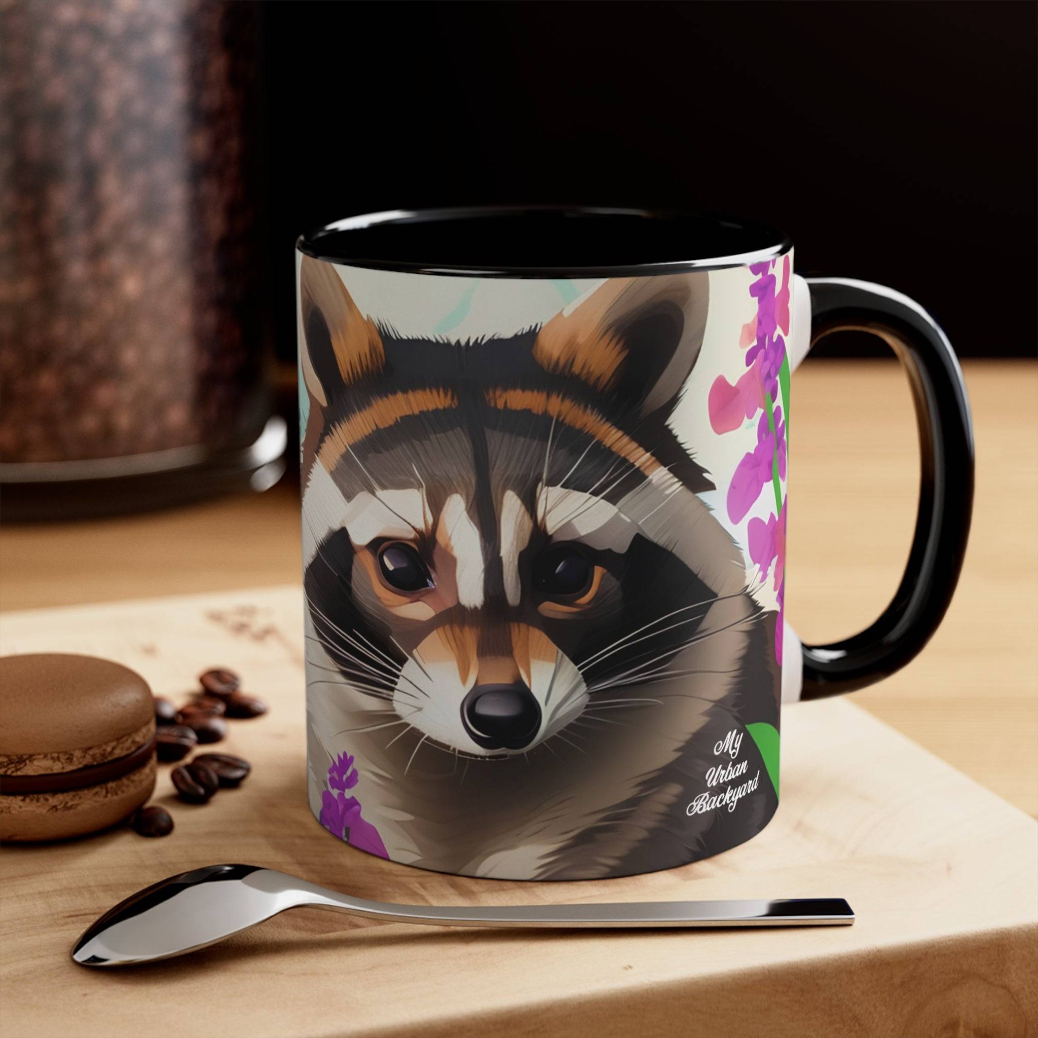 Ceramic Mug for Coffee, Tea, Hot Cocoa. Home/Office, Raccoon w Flowers