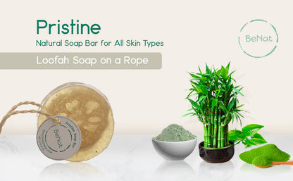 BeNat Pristine Soap Bar. Green Clay, Bamboo, and Green Tea. Handcrafted Soap with Exfoliating Loofah.