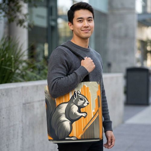 Man holding a bag with a squirrel design outdoors
