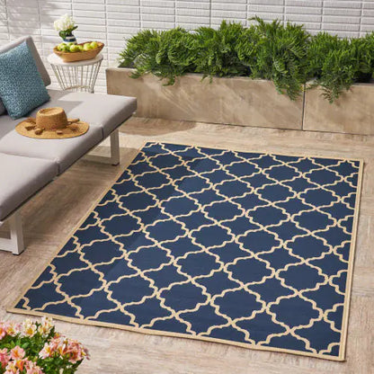 Outdoor Rug, Navy Pattern, 7'6" x 5'3"