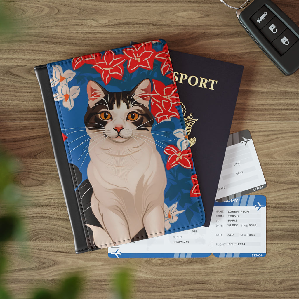 Cat with Red and White Flowers Passport Cover