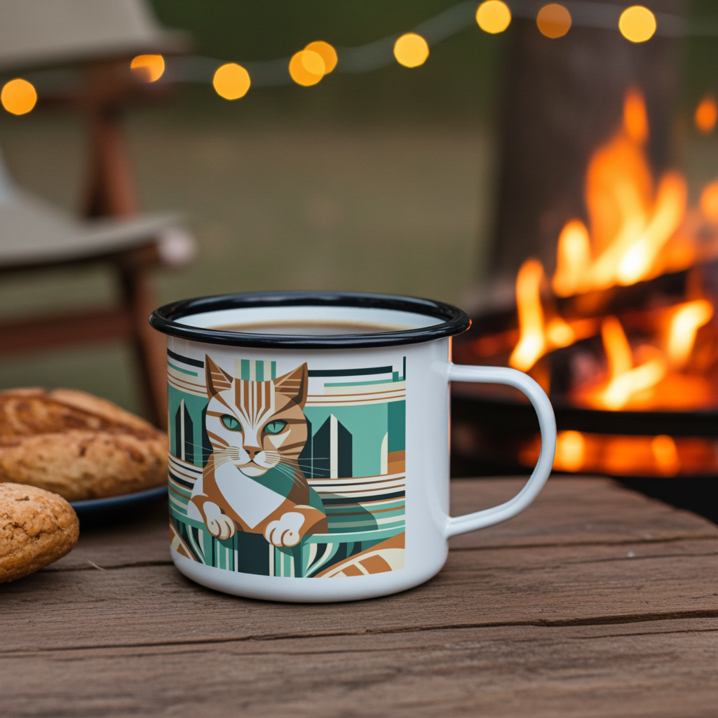 Art Deco Tabby Cat, Enamel Camping Mug