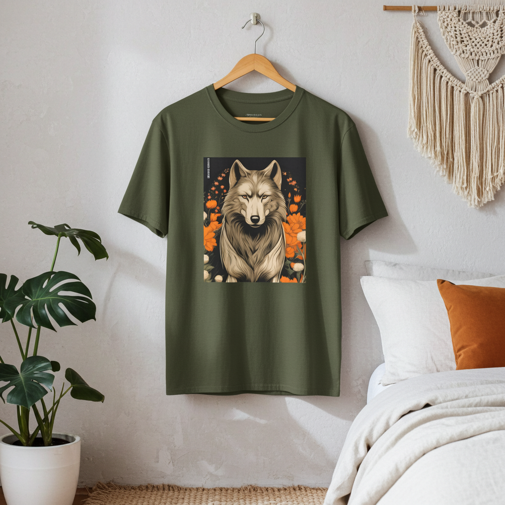 Wolf with Flowers, 100% Cotton T-Shirt