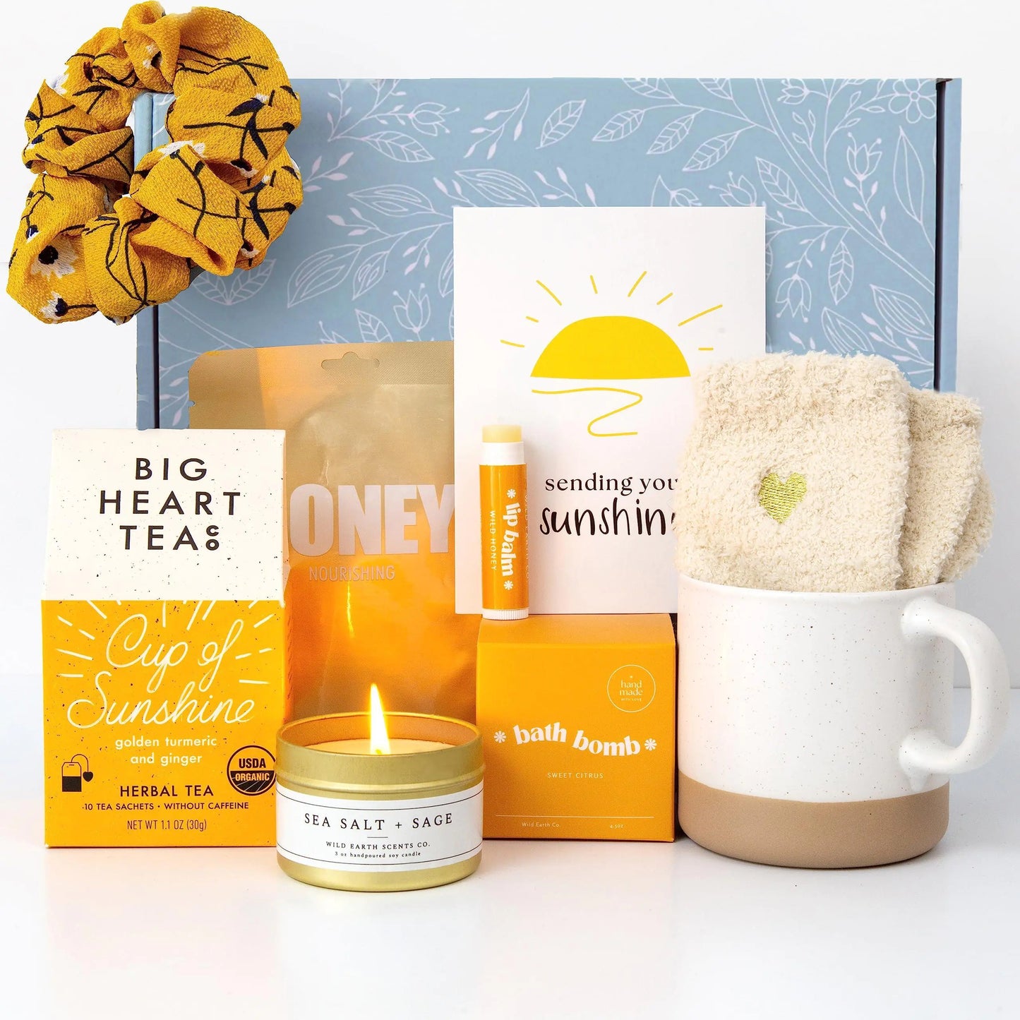 Sunshine Gift Box For Women, Self Care Package with Herbal Tea, Mug, Bath Bomb