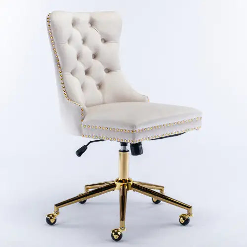 Beige Velvet Fabric Tufted Button Home Office Chair, Adjustable Swivel Chair