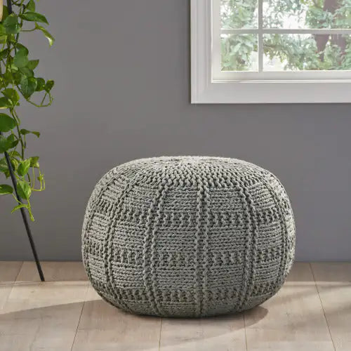 Yuny Knitted Cotton 20" X 20" Round Pouf, Grey