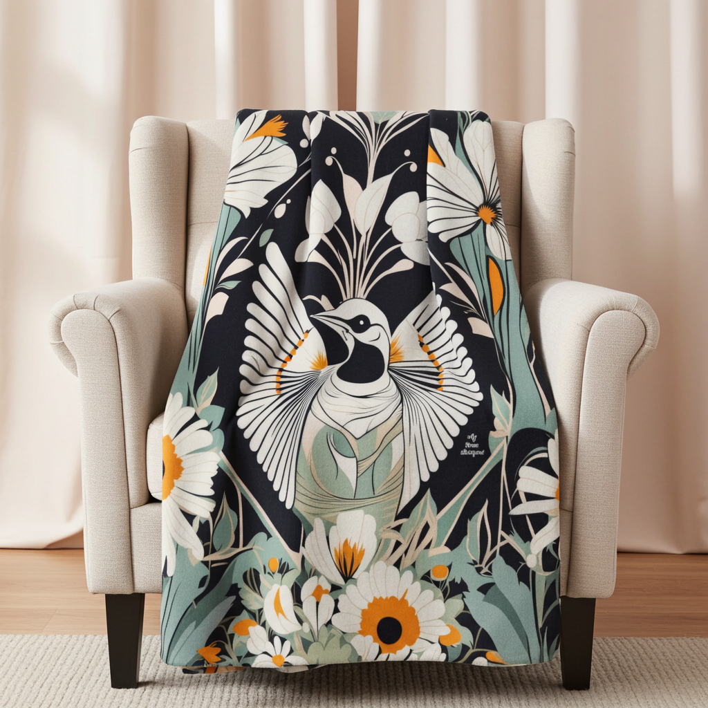 White Bird with Flowers, Sherpa Fleece Blanket