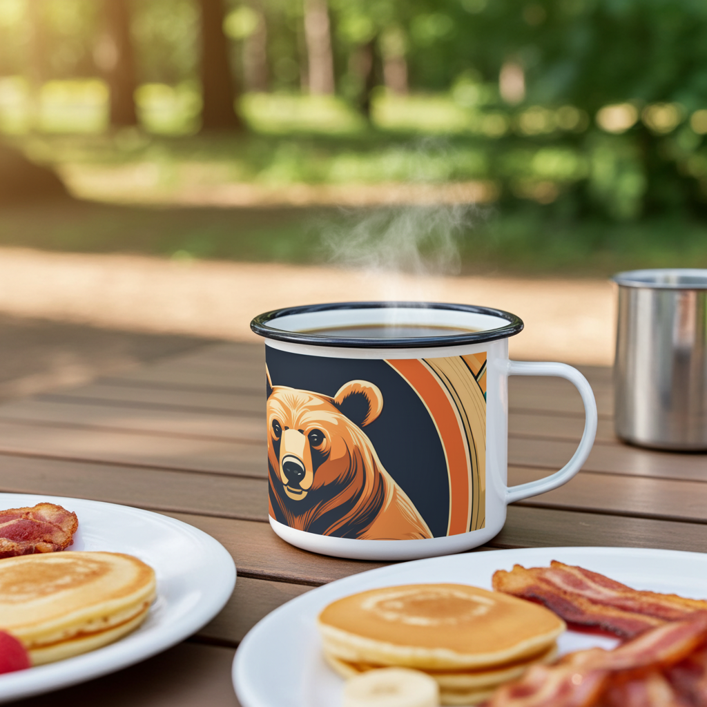 Art Deco Brown Bear, Enamel Camping Mug