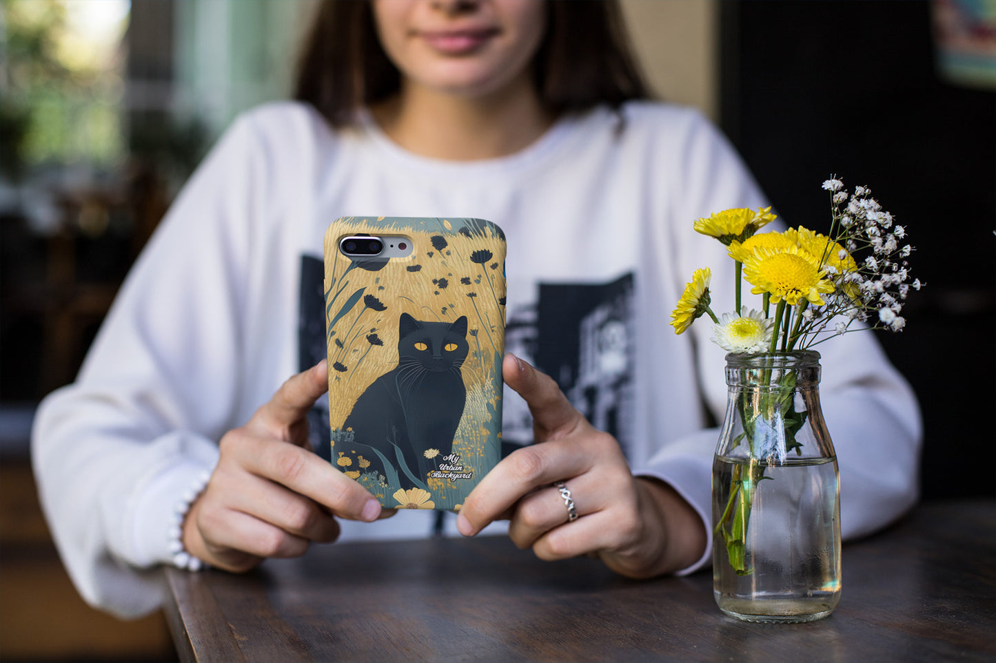 Black Cat with Black Flowers Cell Phone Case for Apple, Samsung, or Google Pixel