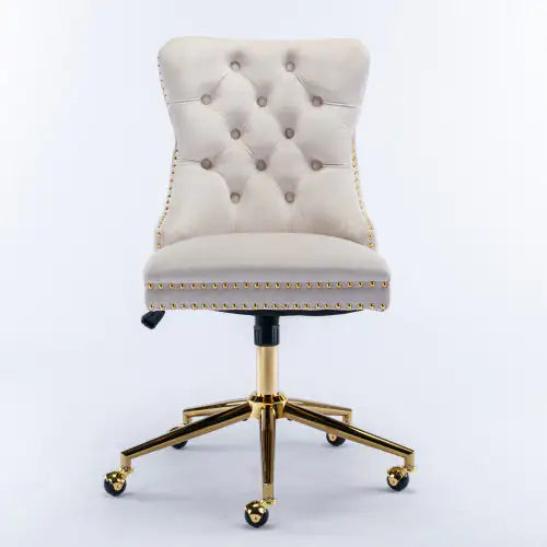 Beige Velvet Fabric Tufted Button Home Office Chair, Adjustable Swivel Chair