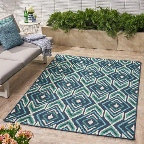 Outdoor Rug, Blue Pattern, 7'6" x 5'3"