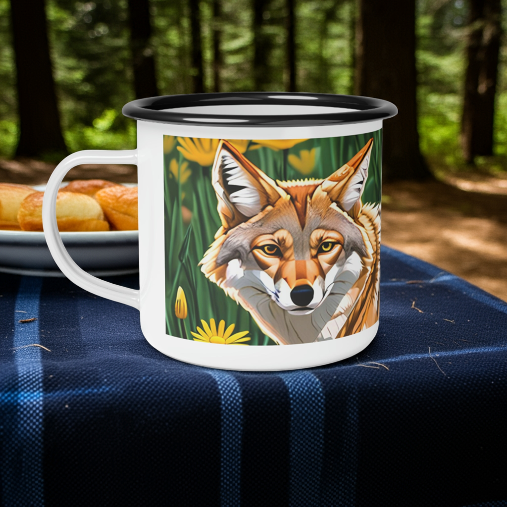 Coyote with Flowers, Enamel Camping Mug for Coffee, Tea, Cocoa, or Cereal - 12oz