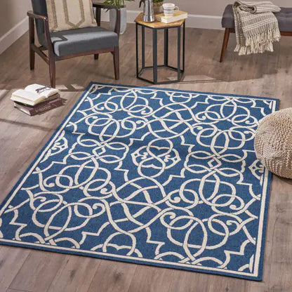 Outdoor Rug, Navy Blue and Ivory, 7'6" x 5'3"