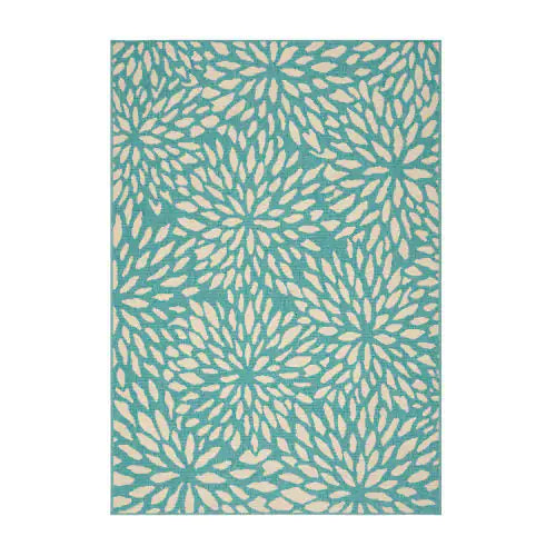 Outdoor Rug, Blue and Ivory Floral, 7'6" x 5'3"