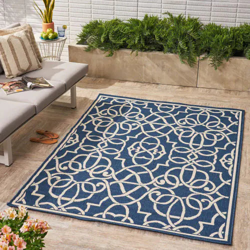 Outdoor Rug, Navy Blue and Ivory, 7'6" x 5'3"