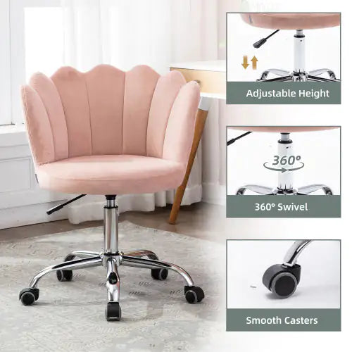 Velvet Shell Back, Home Office Chair, Silver Base, Adjustable Swivel Chair, Pink Velvet