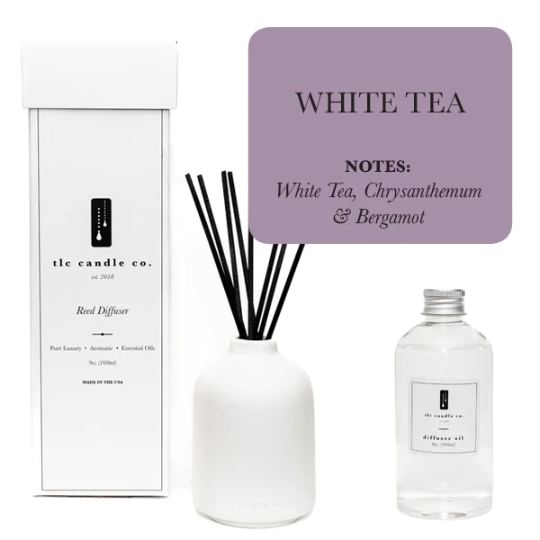 White Tea. Essential Oil-Based Diffuser. With 8 Black Hand-Cut Reeds