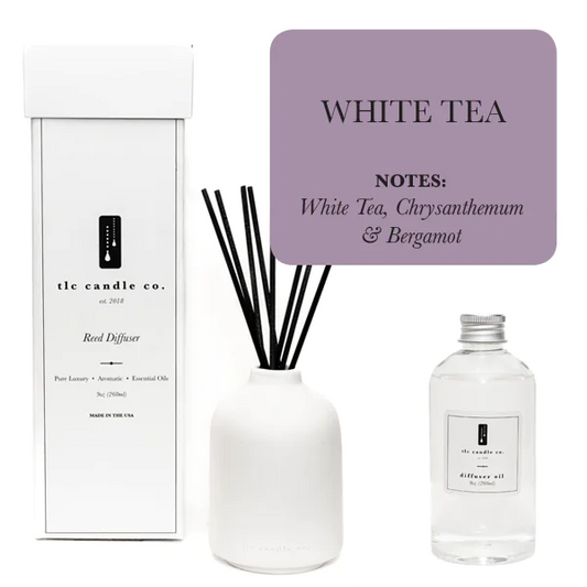 White Tea. Essential Oil-Based Diffuser. With 8 Black Hand-Cut Reeds