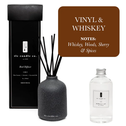 Vinyl & Whiskey. Essential Oil-Based Diffuser. With 8 Black Hand-Cut Reeds