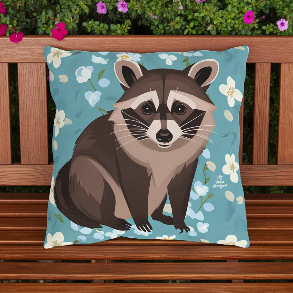 Young Raccoon and Flowers, Throw Pillow, Indoor/Outdoor Decor for Home or Office