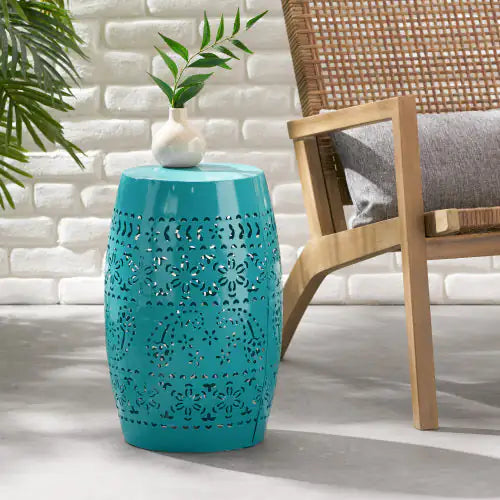 Teal Metal Side Table, Accent Table, 18" Tall,  Lace Cut Design