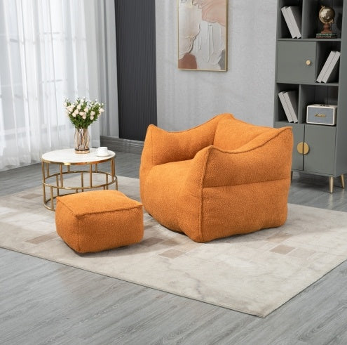 High Back Bean Bag Chair Lazy Sofa With Footstool, Comfortable Lounger, Orange