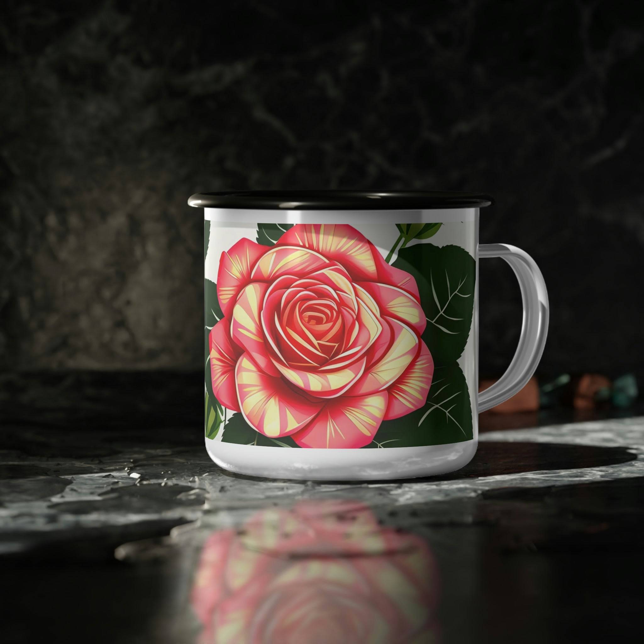 Enamel Camping Mug for Coffee, Tea, Hot Cocoa, Cereal, 12oz, Rose Flower