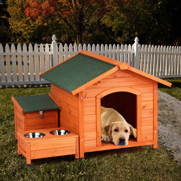 Fir Wood Dog And Cat House, Green Asphalt Roof, Outdoor Animal Shelter, Golden Red