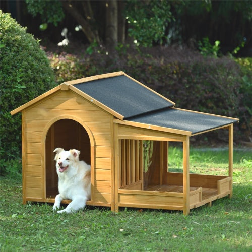 Large Wooden Dog House With Porch, Asphalt Roof and Raised Floor, For Medium and Large Dogs