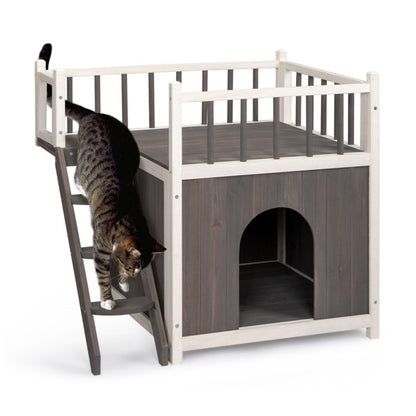 2-Story Outdoor Cat House, Wood Shelter with Fence and Staircase, Grey & White