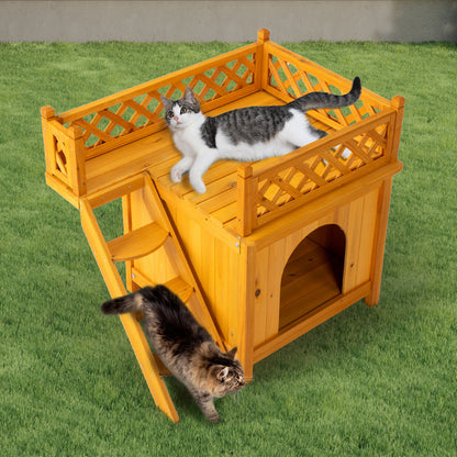 2-Story Outdoor Cat House, Wood Shelter with Fence and Staircase, Natural Color