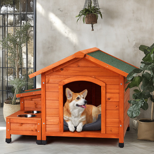 Fir Wood Dog And Cat House, Green Asphalt Roof, Outdoor Animal Shelter, Golden Red