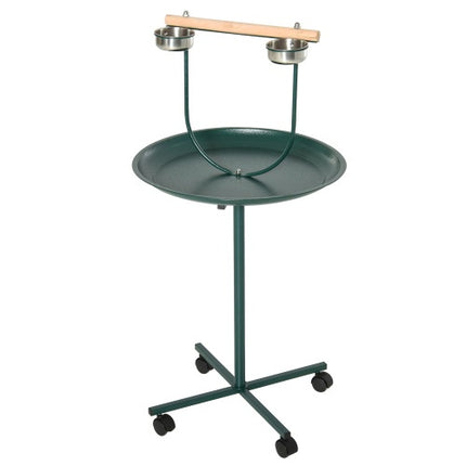 Cageless Bird Feeder Station, Rolling Perch With Four Wheels, Stainless Steel Feeding Bowls, Round Tray, Green