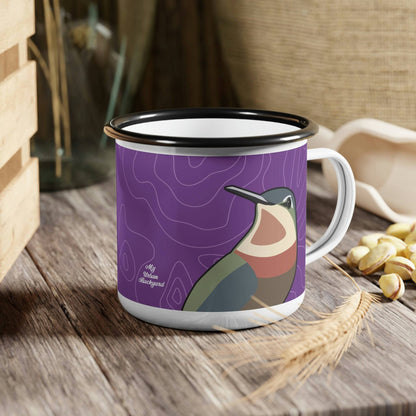 Enamel Camping Mug for Coffee, Tea, Hot Cocoa, Cereal, 12oz, Hummingbirds Ryoko & Duko on Wildflower Purple
